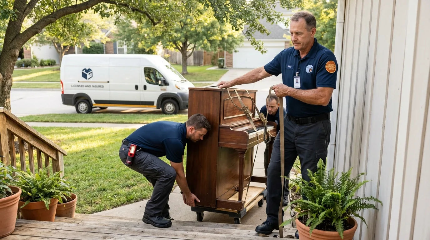 Licensed piano movers securing grand piano in Shelby, MI