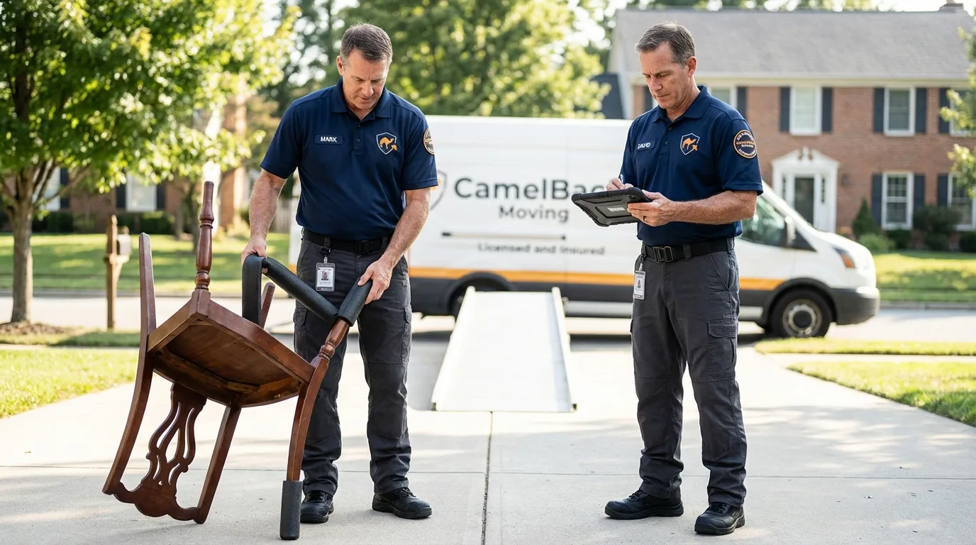 Movers inspecting furniture for damage prevention before loading in Shelby, MI