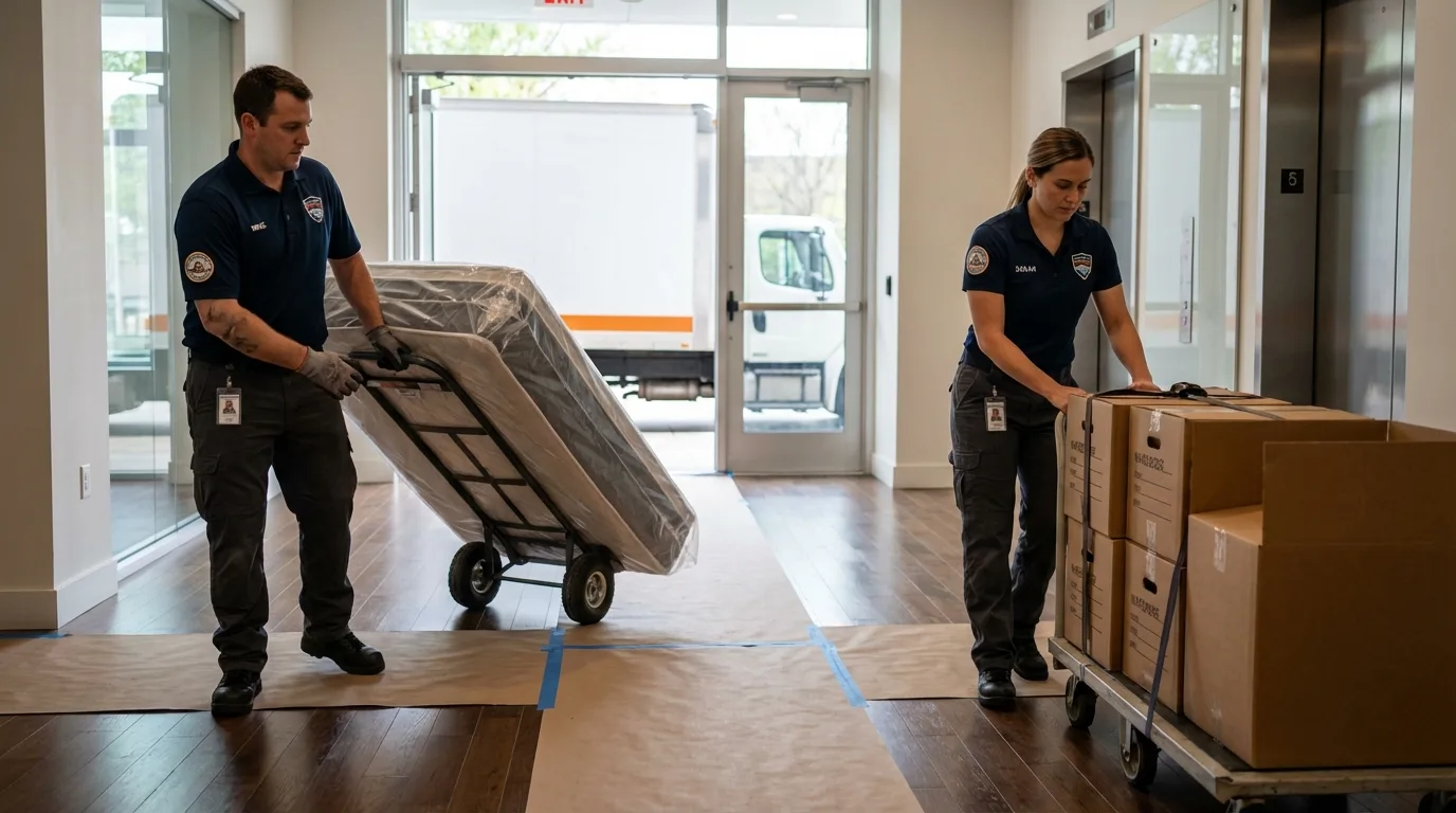 Professional apartment movers loading elevator in Shelby, MI