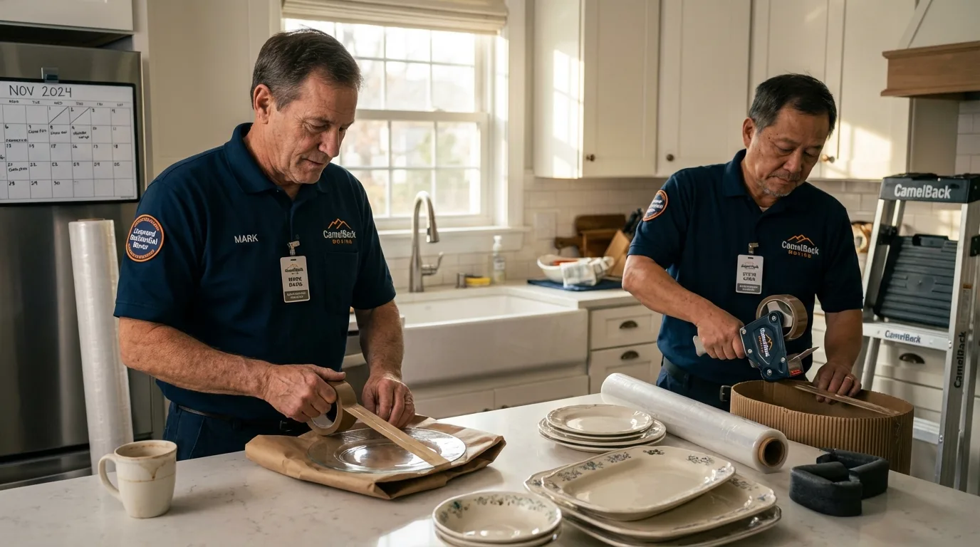 Professional crew packing kitchen dishware in Shelby, MI